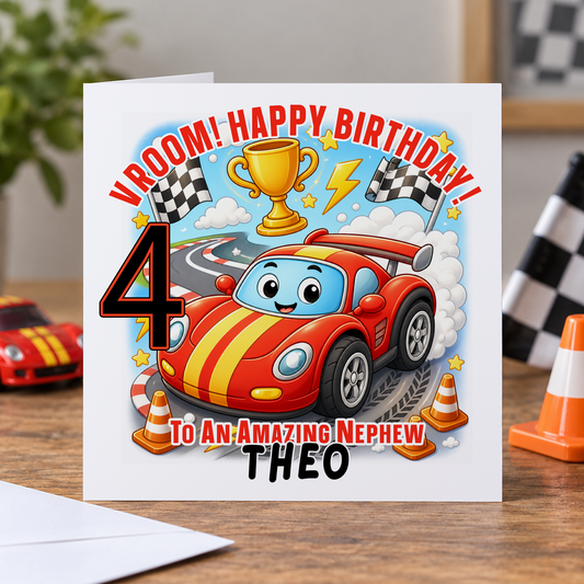 Personalised Vroom Racing Car Birthday Card, Any Age, Name & Relation, 6x6 Inch