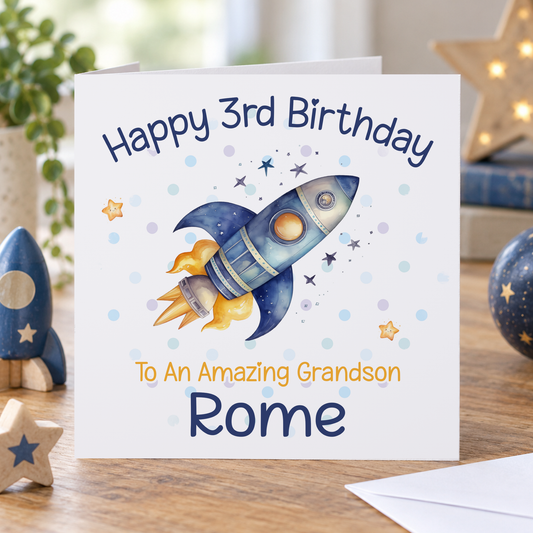 Personalised Watercolour Space Rocket Birthday Card – Keepsake for Boys & Grandsons