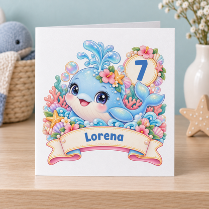 Personalised Whale Birthday Card, Any Age & Name, 6x6 Inch