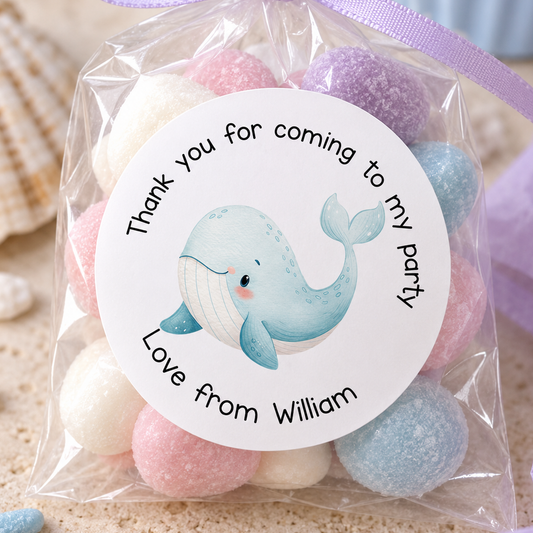 Personalised Whale Stickers – Custom Party Bag & Sweet Cone Labels