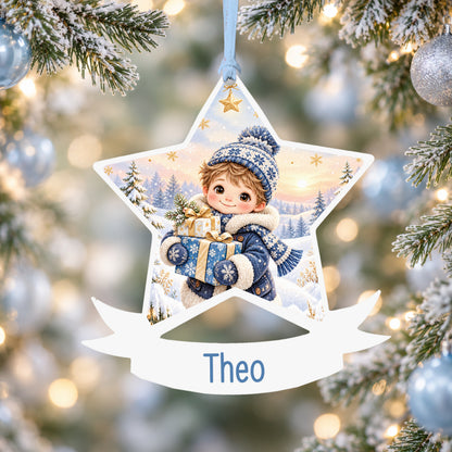 Personalised winter boy with gifts acrylic star Christmas bauble with custom name, hanging on a Christmas tree with baby blue ribbon