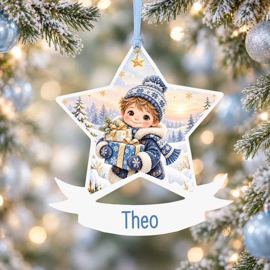 Personalised winter boy with gifts acrylic star Christmas bauble with custom name, hanging on a Christmas tree with baby blue ribbon