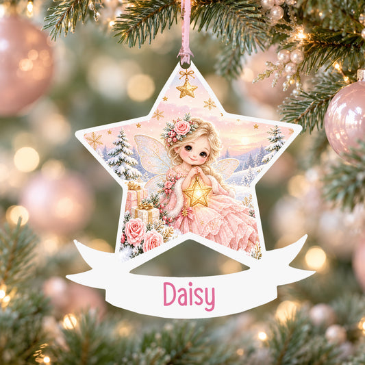 Personalised winter fairy acrylic star Christmas bauble with custom name, hanging on a Christmas tree with baby pink ribbon
