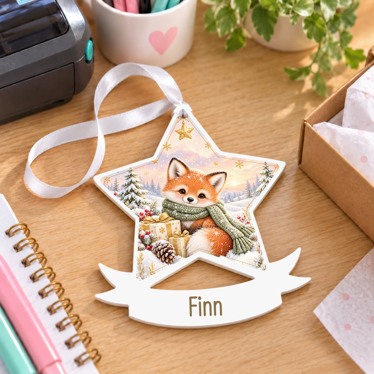 Personalised winter fox white acrylic star bauble with name, 10cm Christmas decoration with ribbon, shown on a desk
