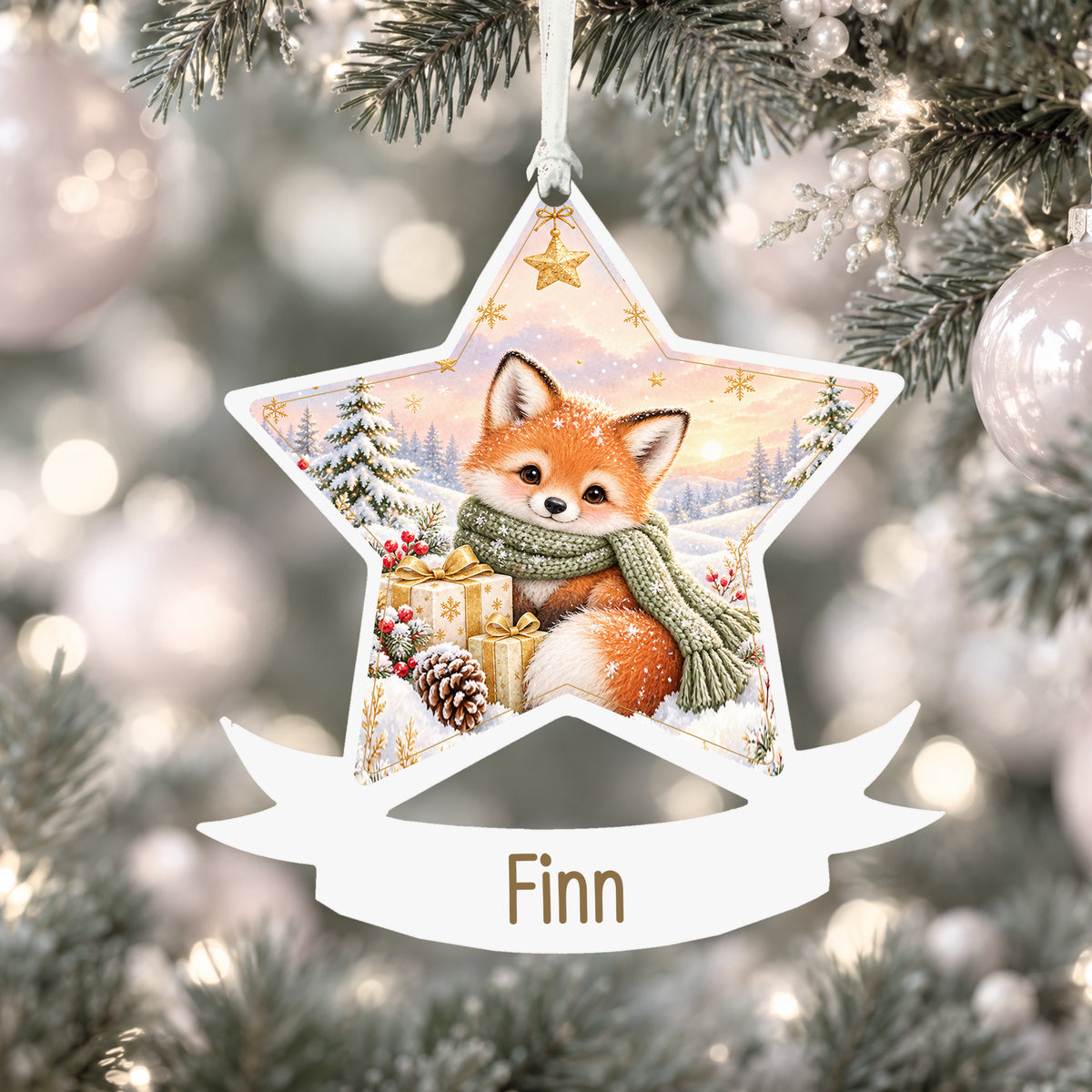 Personalised winter fox acrylic star Christmas bauble with custom name, hanging on a Christmas tree with white ribbon