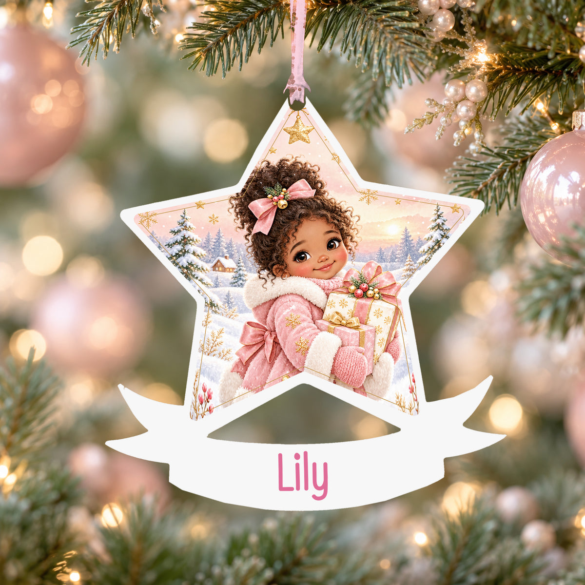 Personalised winter girl with gifts acrylic star Christmas bauble with custom name, hanging on a Christmas tree with baby pink ribbon