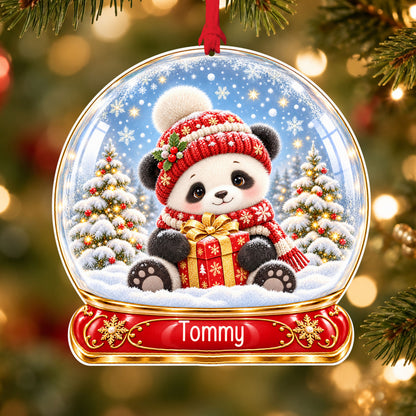 Personalised winter panda acrylic snow globe Christmas bauble with custom name, hanging on a Christmas tree with red ribbon