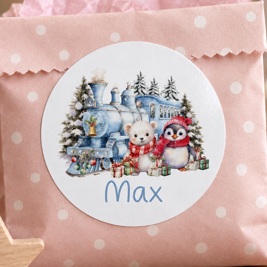 Personalised Winter Train Stickers – Penguin & Polar Bear Christmas Gift Labels, Glossy 5cm