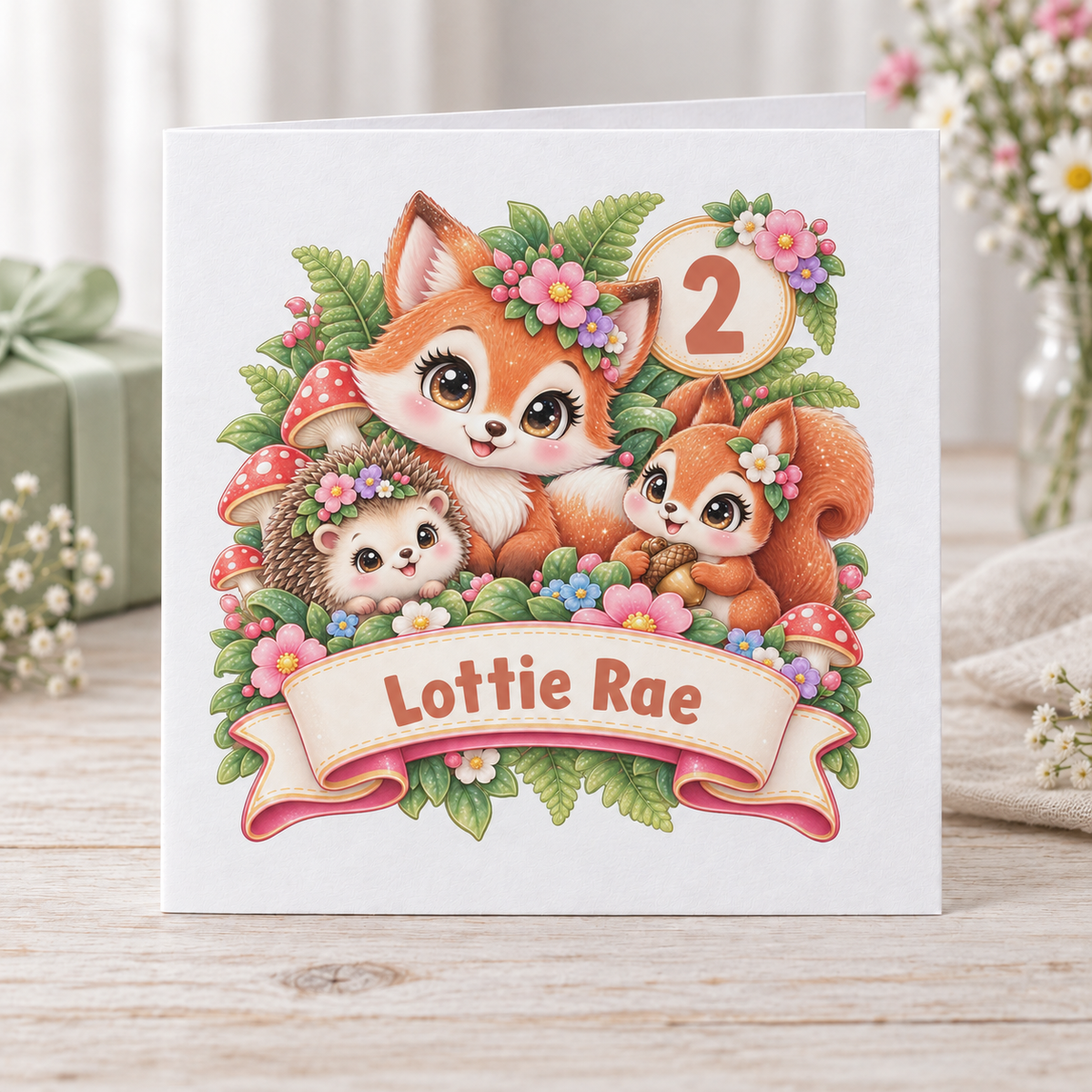Personalised Woodland Animals Birthday Card, Any Age & Name, 6x6 Inch