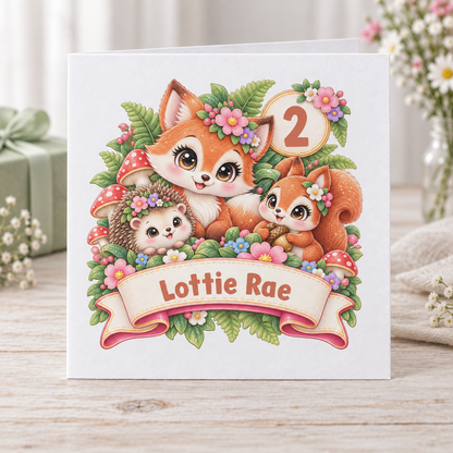 Personalised Woodland Animals Birthday Card, Any Age & Name, 6x6 Inch