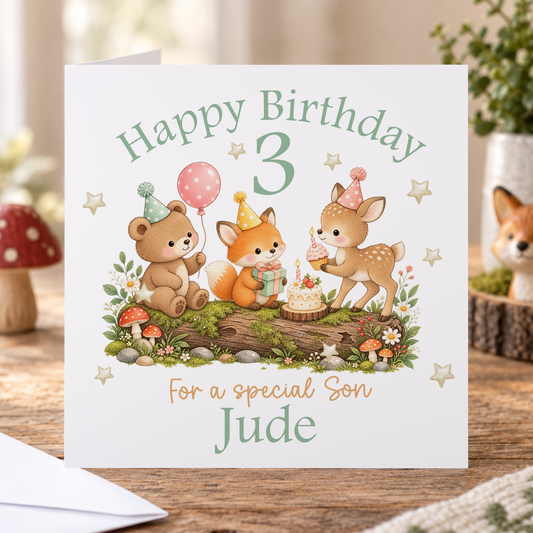 Personalised Woodland Animals Birthday Card, Any Age, Name & Relation