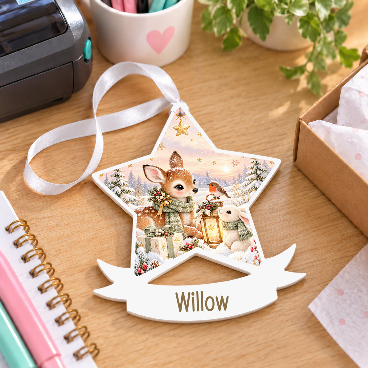 Personalised woodland Christmas friends white acrylic star bauble with name, 10cm Christmas decoration with ribbon, shown on a desk