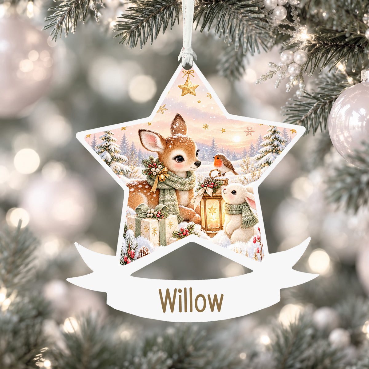 Personalised woodland Christmas friends acrylic star Christmas bauble with custom name, hanging on a Christmas tree with white ribbon