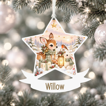 Personalised woodland Christmas friends acrylic star Christmas bauble with custom name, hanging on a Christmas tree with white ribbon