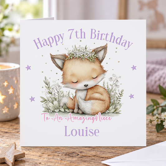 Personalised Woodland Fox Birthday Card – Floral Design for Girls, Any Age