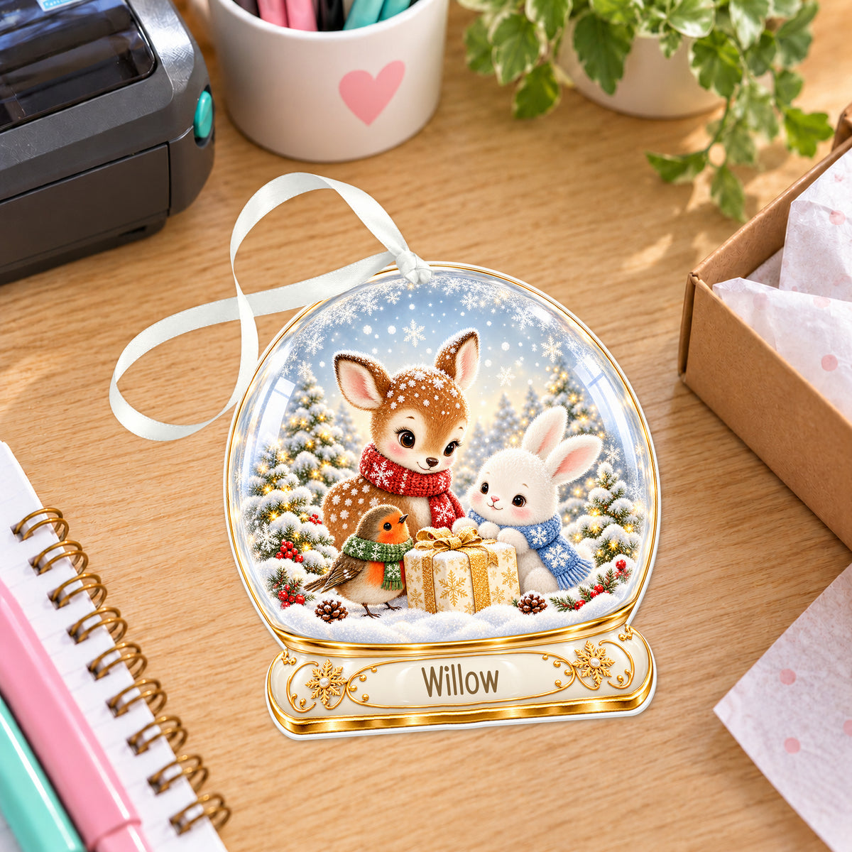 Personalised woodland friends snow globe bauble with name, white acrylic Christmas decoration with ribbon, shown on a desk