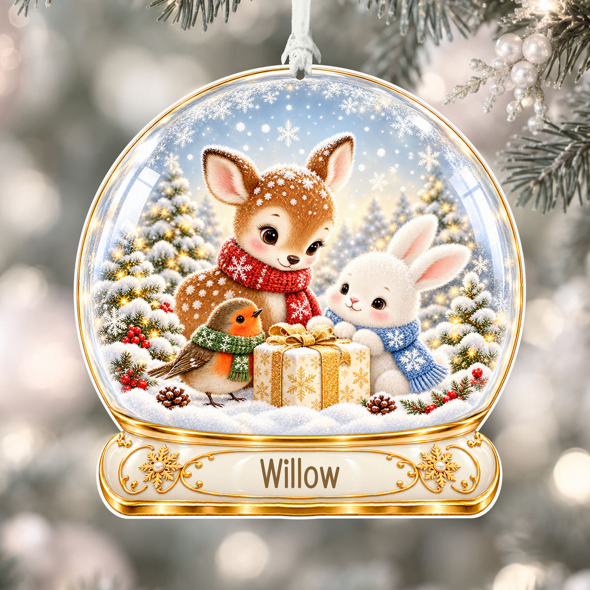 Personalised woodland friends acrylic snow globe Christmas bauble with custom name, hanging on a Christmas tree with white ribbon