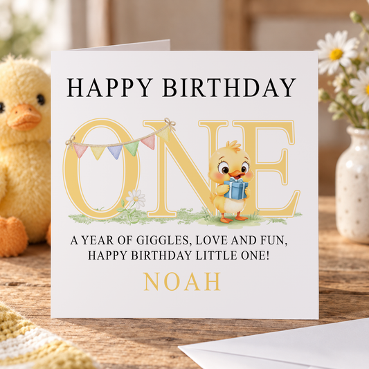Personalised Yellow Duck First Birthday Card