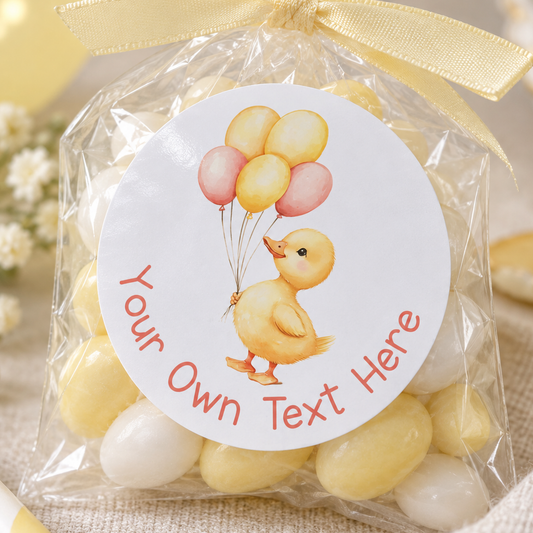 Personalised Yellow Duck Sticker – Pink Balloons Design, 5cm High Gloss