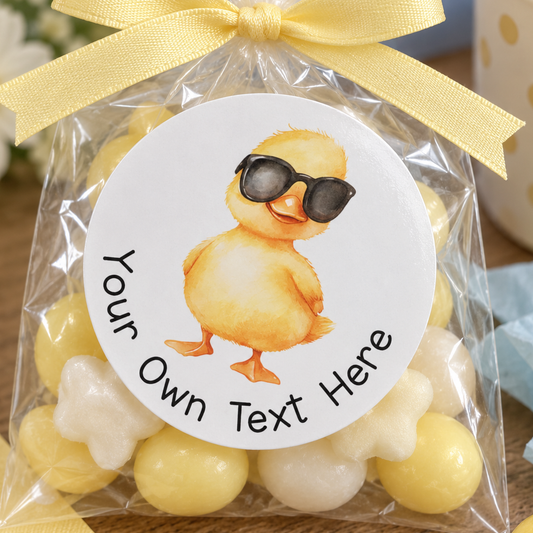 Personalised Yellow Duck Sunglasses Party Bag Stickers – 5cm Waterproof Gloss