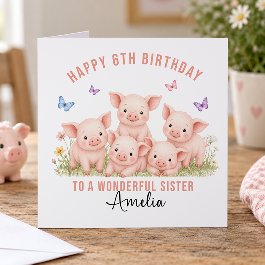 Piglet & Butterflies Birthday Card – Personalised Age Card for a Special Girl