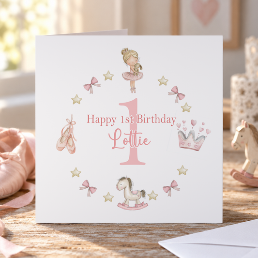 Pink Ballerina First Birthday Card – Personalised 1st Birthday Keepsake