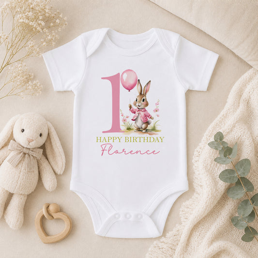 Personalised Pink Bunny & Balloon First Birthday baby vest