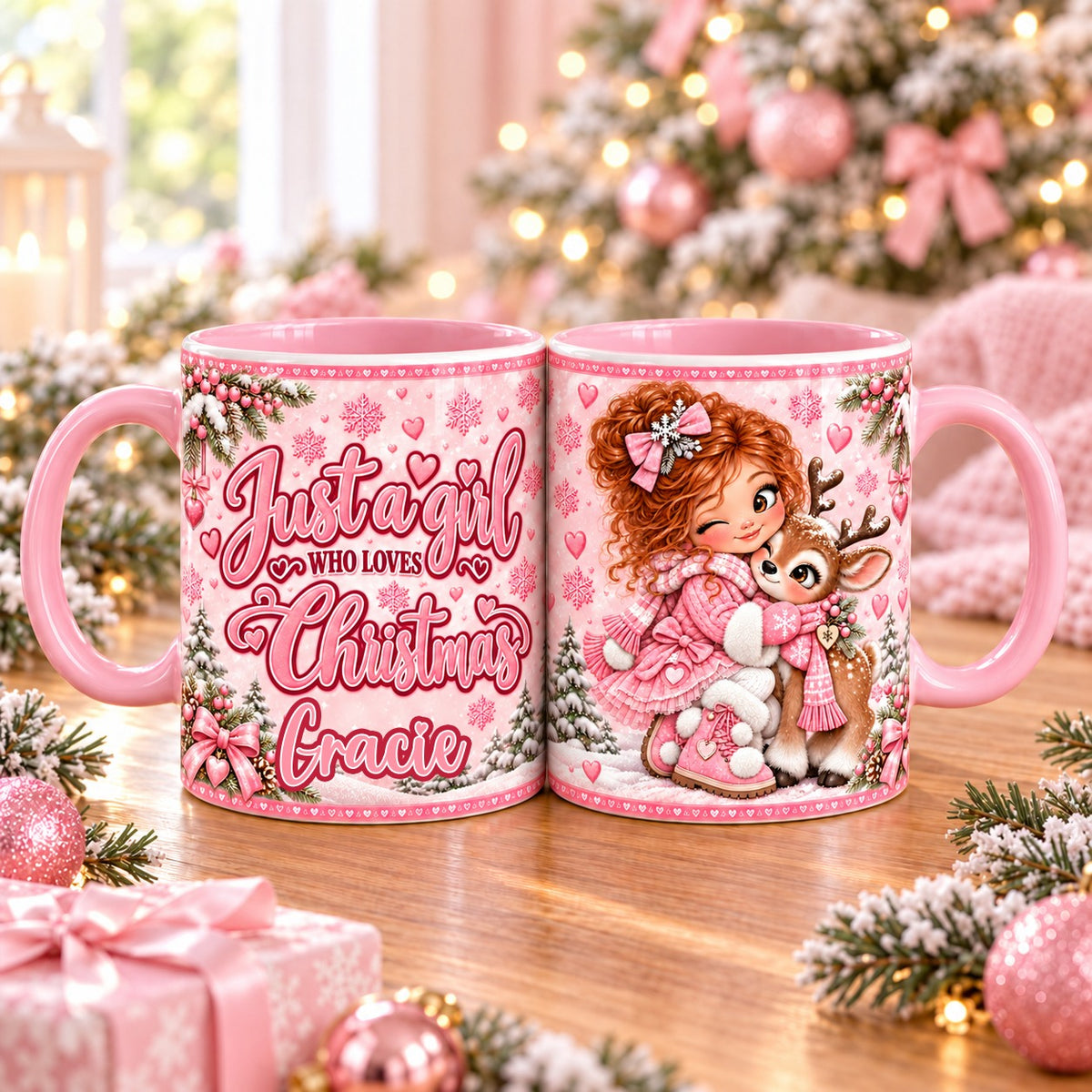 Personalised pink Christmas mug – Just a girl who loves Christmas with name, girl with red curly hair hugging a reindeer