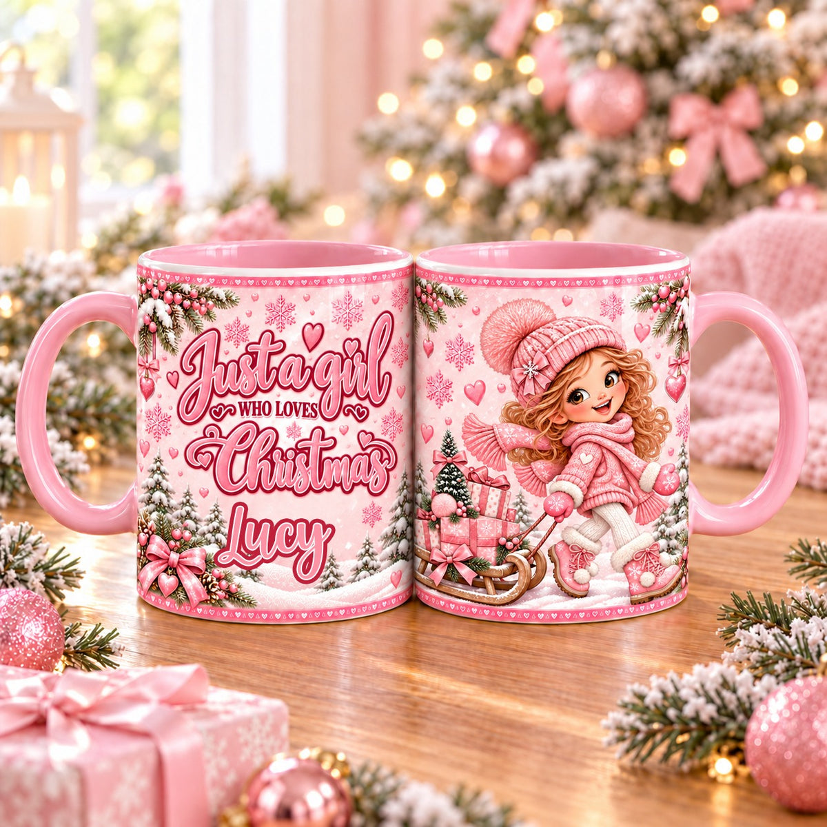 Personalised pink Christmas mug – Just a girl who loves Christmas with name, girl pulling a sledge of presents