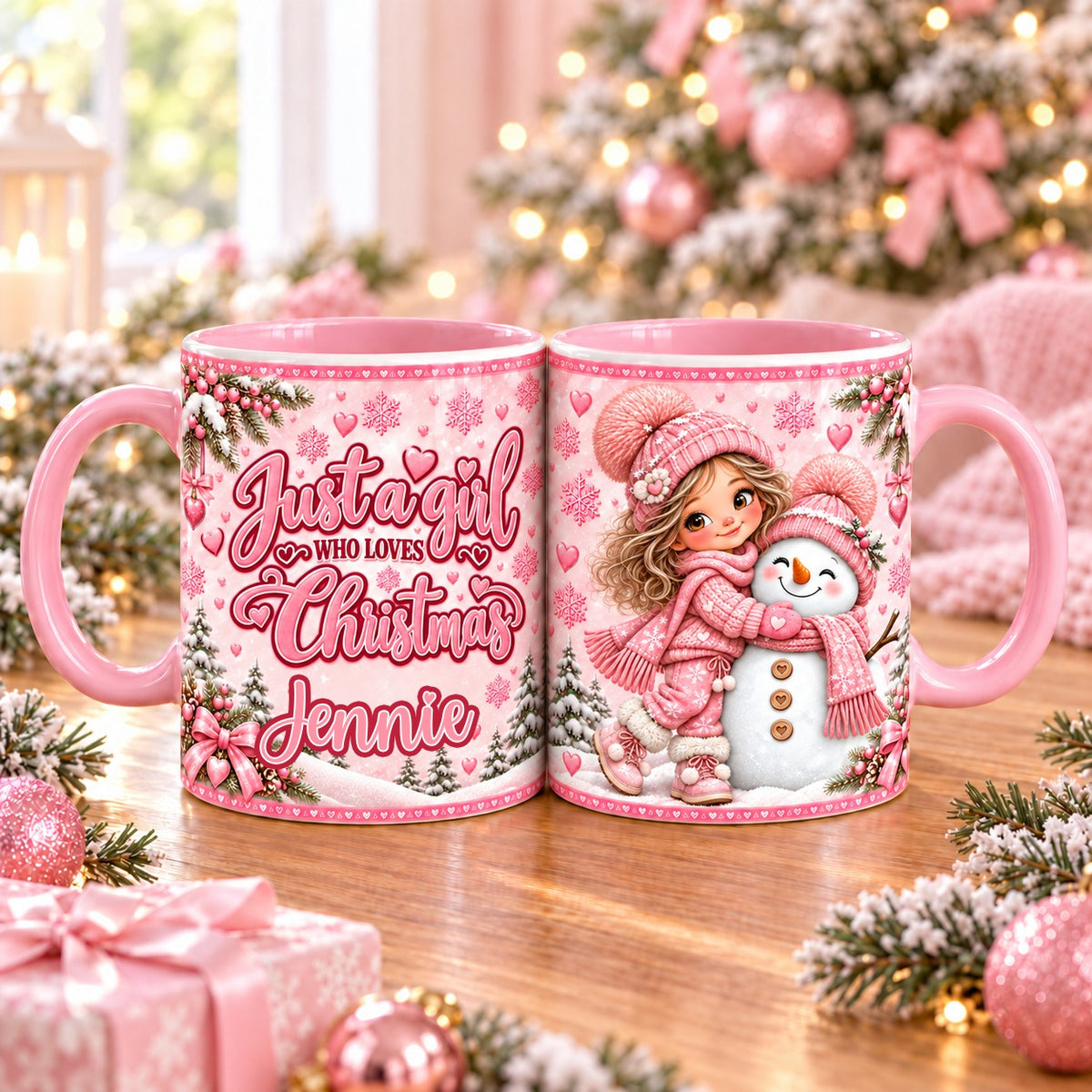 Personalised pink Christmas mug – Just a girl who loves Christmas with name, girl hugging a snowman