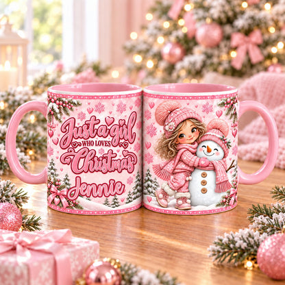 Personalised pink Christmas mug – Just a girl who loves Christmas with name, girl hugging a snowman