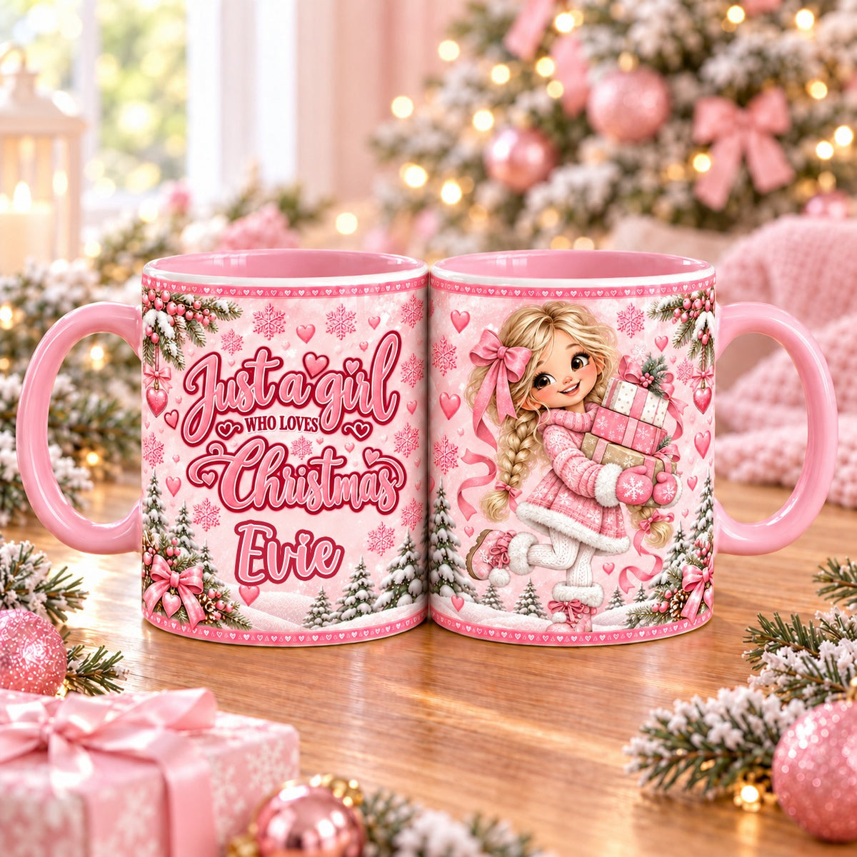 Personalised pink Christmas mug – Just a girl who loves Christmas with name, blonde girl with plaits carrying presents