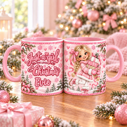 Personalised pink Christmas mug – Just a girl who loves Christmas with name, blonde girl with plaits carrying presents