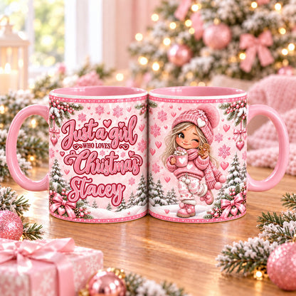Personalised pink Christmas mug – Just a girl who loves Christmas with name, girl with hot chocolate and gingerbread man
