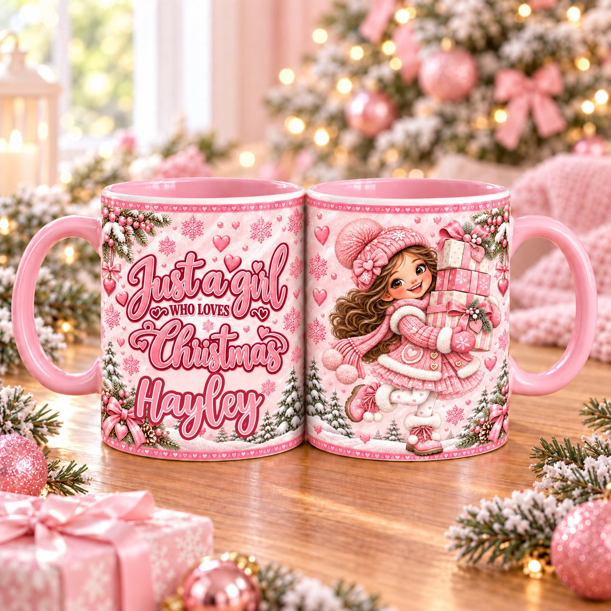 Personalised pink Christmas mug – Just a girl who loves Christmas with name, brunette girl carrying presents