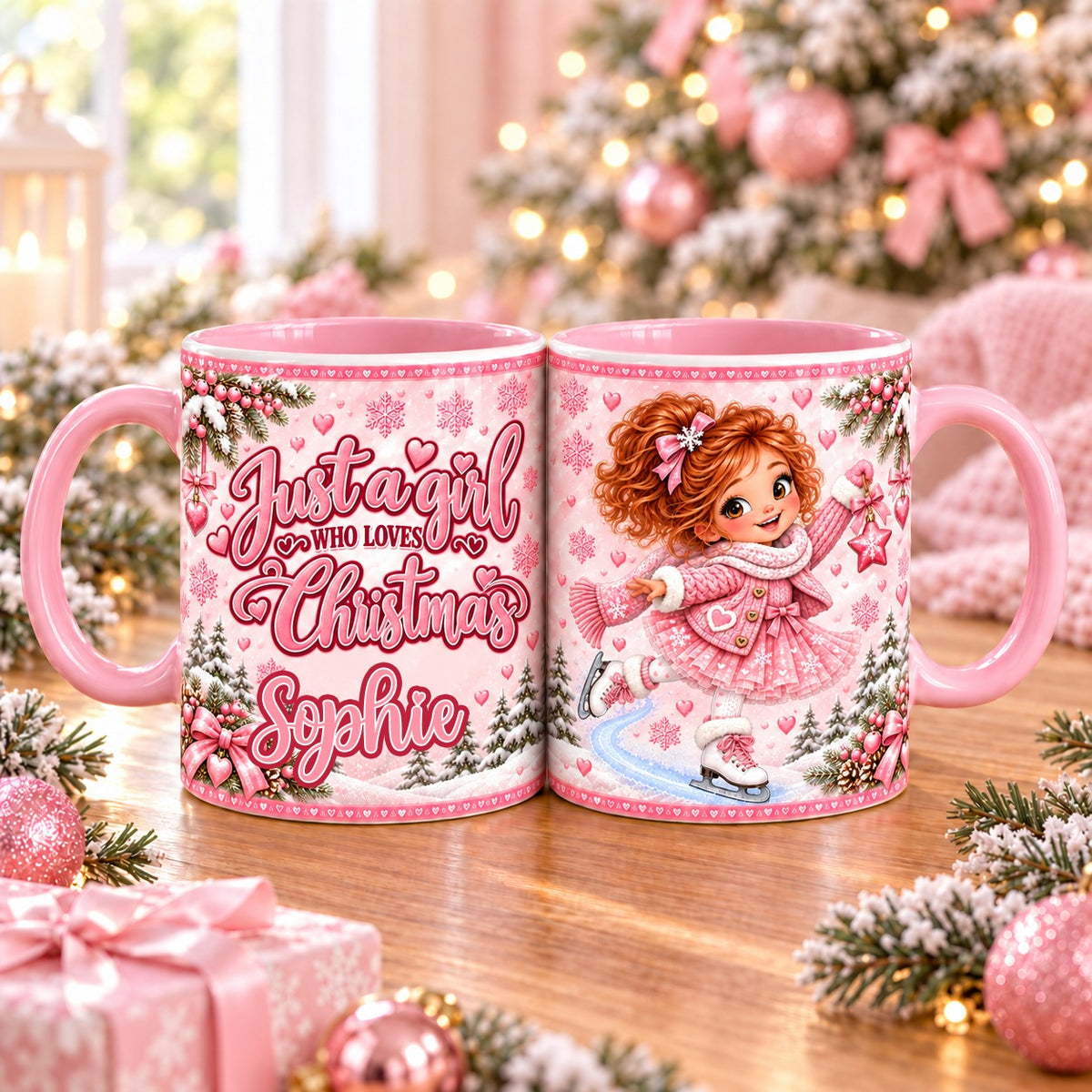 Personalised pink Christmas mug – Just a girl who loves Christmas with name, girl ice skating
