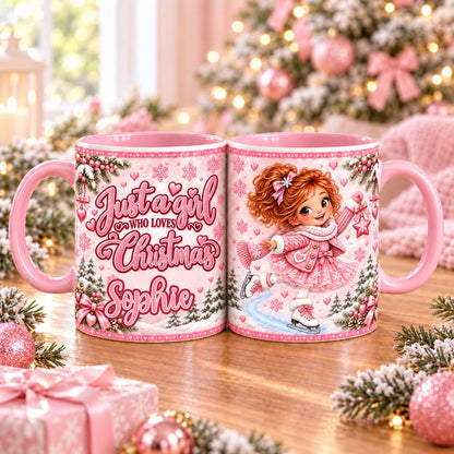 Personalised pink Christmas mug – Just a girl who loves Christmas with name, girl ice skating