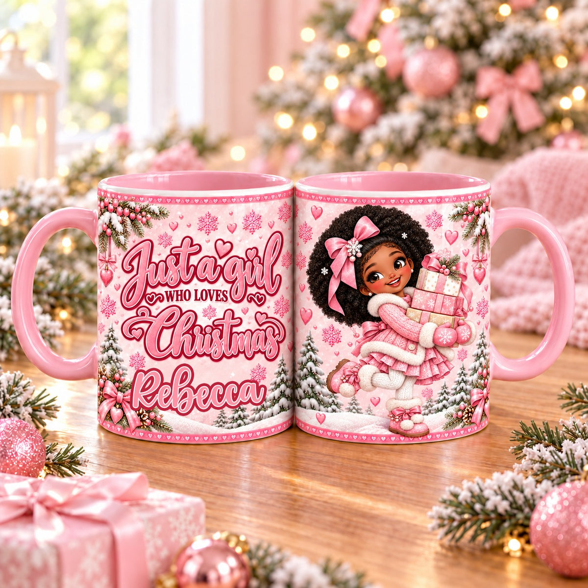 Personalised pink Christmas mug – Just a girl who loves Christmas with name, girl with black curly hair carrying presents