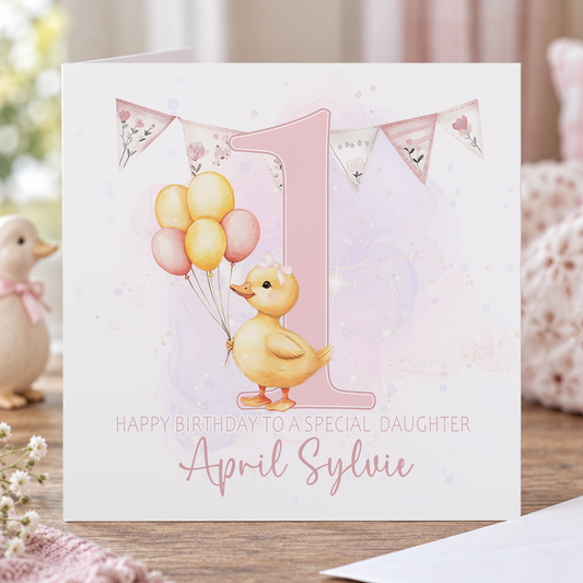 Pink Duck 1st Birthday Card for a Baby Girl