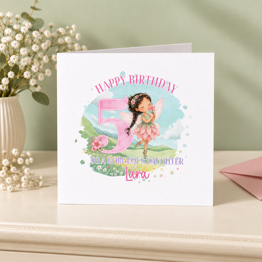 Pink Fairy Birthday Card – Dark-Haired Fairy Design with Personalised Age & Name