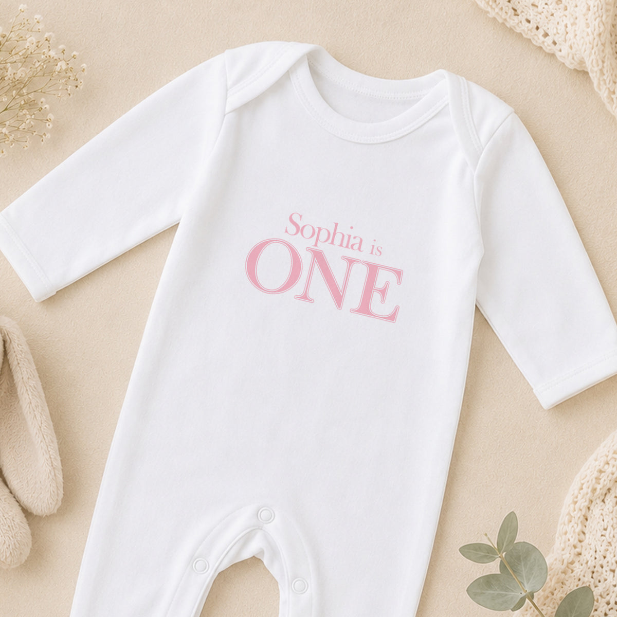 Personalised Pink First Birthday sleepsuit