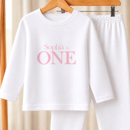Personalised Pink First Birthday white pyjamas