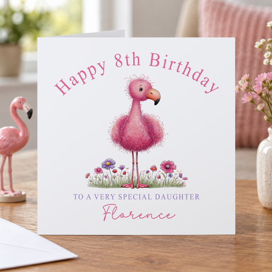 Pink Flamingo & Floral Birthday Card – Personalised Name & Relation, 6x6 Inch