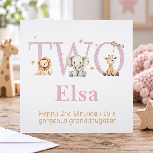 Pink Safari 2nd Birthday Card - Personalised Keepsake with Lion, Elephant & Giraffe