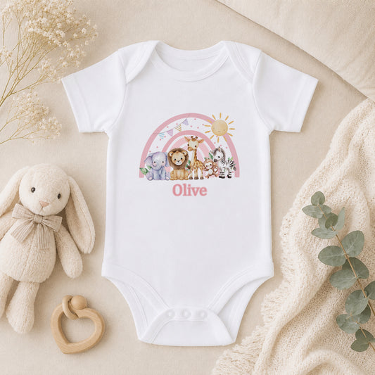 Personalised Pink Safari Rainbow Baby baby vest