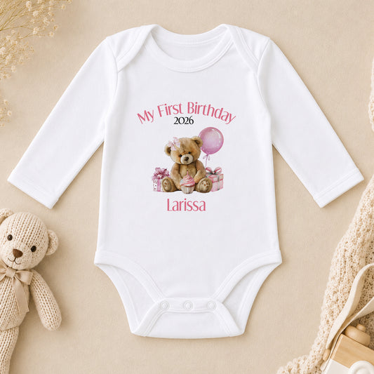 Personalised Pink Teddy Bear First Birthday long sleeve vest
