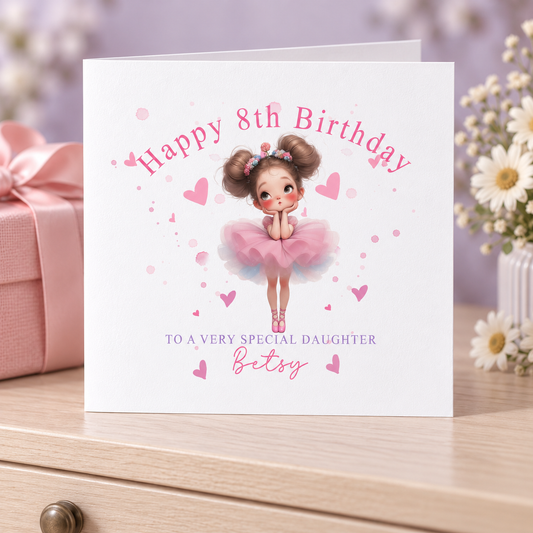 Pink Tutu Ballerina Birthday Card – Personalised Name, Age & Relation