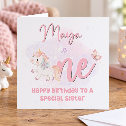 Pink Unicorn 1st Birthday Card – Personalised Name Keepsake
