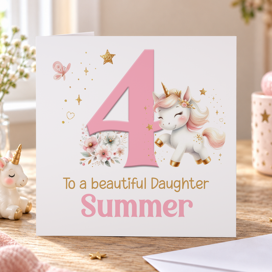Pink Unicorn Birthday Card, Personalised for Ages 1–10