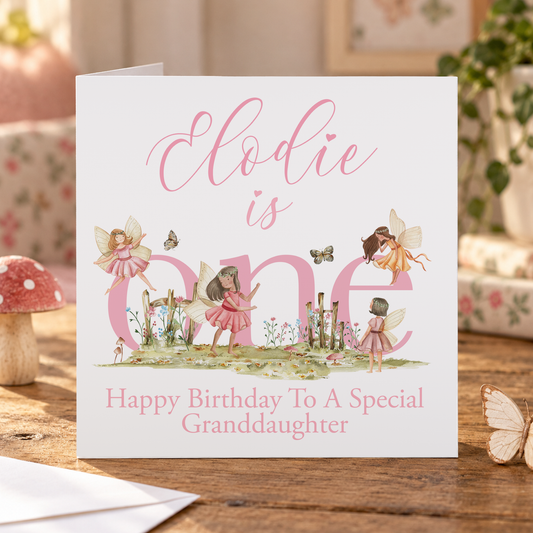 Pink Woodland Fairy 1st Birthday Card – Personalised Name & Relation Keepsake